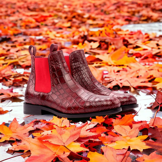 Roter Chelsea-Stiefel aus exotischem Alligatorleder